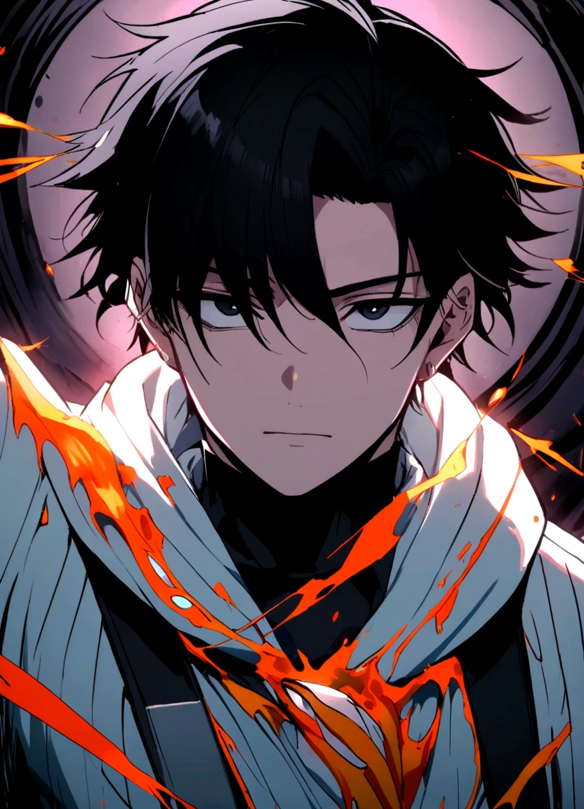 A Anime boy 18 y old (black hair like etadore form jjk ) (black eyes) (hude as clothe) (a youtuber) (confidence)(frot view) 4k