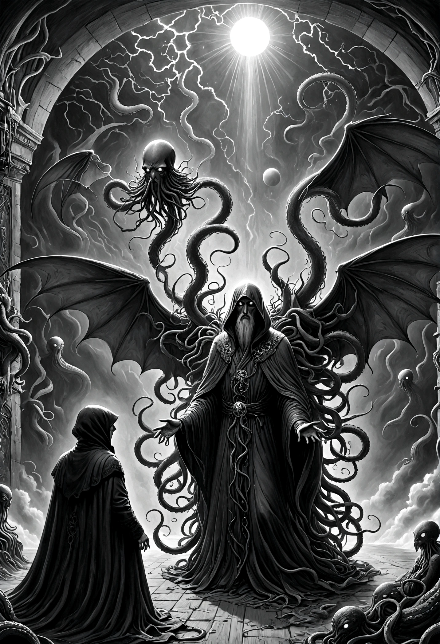 a terrifying ancient eldritch entity, cthulhu mythos, cosmic horror, long tentacles, wings, divine and demonic form, cloak, contrast, relativity, quantum mechanics, abyss, nightmarish existence, insane, bizarre, dark moody atmosphere, cinematic lighting, dramatic shadows, muted colors, chiaroscuro,Transition from black and white on the left half to bright colors on the right half,Ensure seamless integration between the two halves,No dividing line,The scene is the same on both sides,Black and white pencil detail on left side,Right fill color,The mixture formed in the whole image,Perfect details, animation art style, Large murals, Strong contrast between light and dark