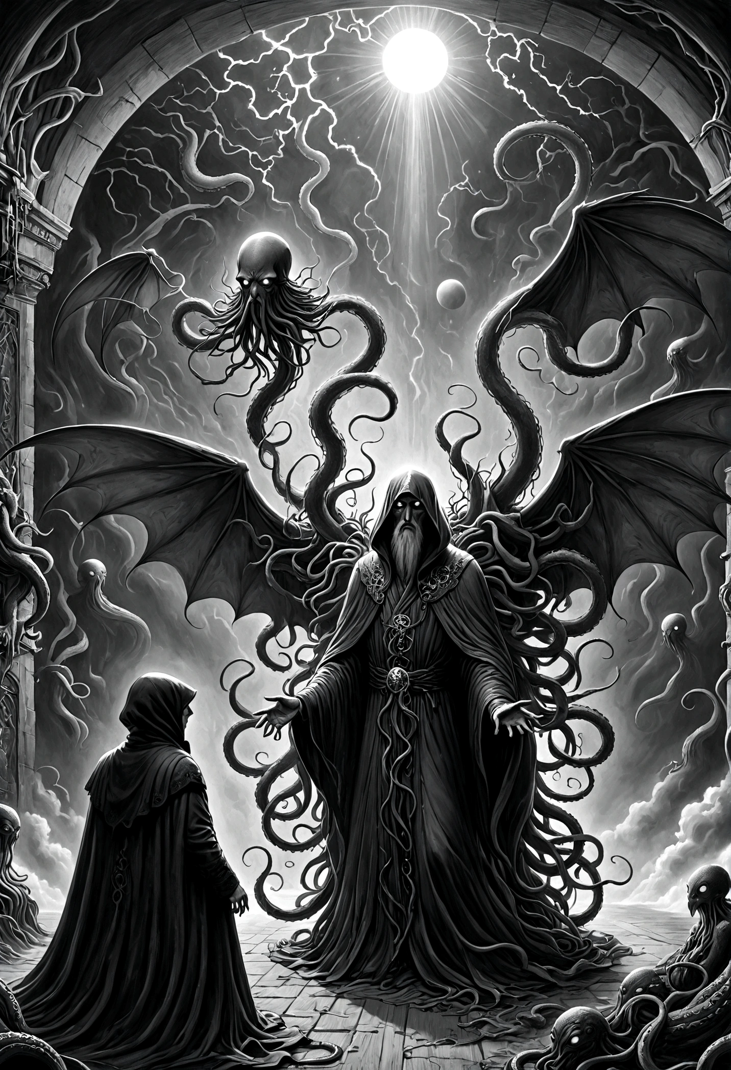 a terrifying ancient eldritch entity, cthulhu mythos, cosmic horror, long tentacles, wings, divine and demonic form, cloak, contrast, relativity, quantum mechanics, abyss, nightmarish existence, insane, bizarre, dark moody atmosphere, cinematic lighting, dramatic shadows, muted colors, chiaroscuro，Transition from black and white on the left half to bright colors on the right half，Ensure seamless integration between the two halves，No dividing line，The scene is the same on both sides，Black and white pencil detail on left side，Right fill color，The mixture formed in the whole image，Perfect details, animation art style, Large murals, Strong contrast between light and dark