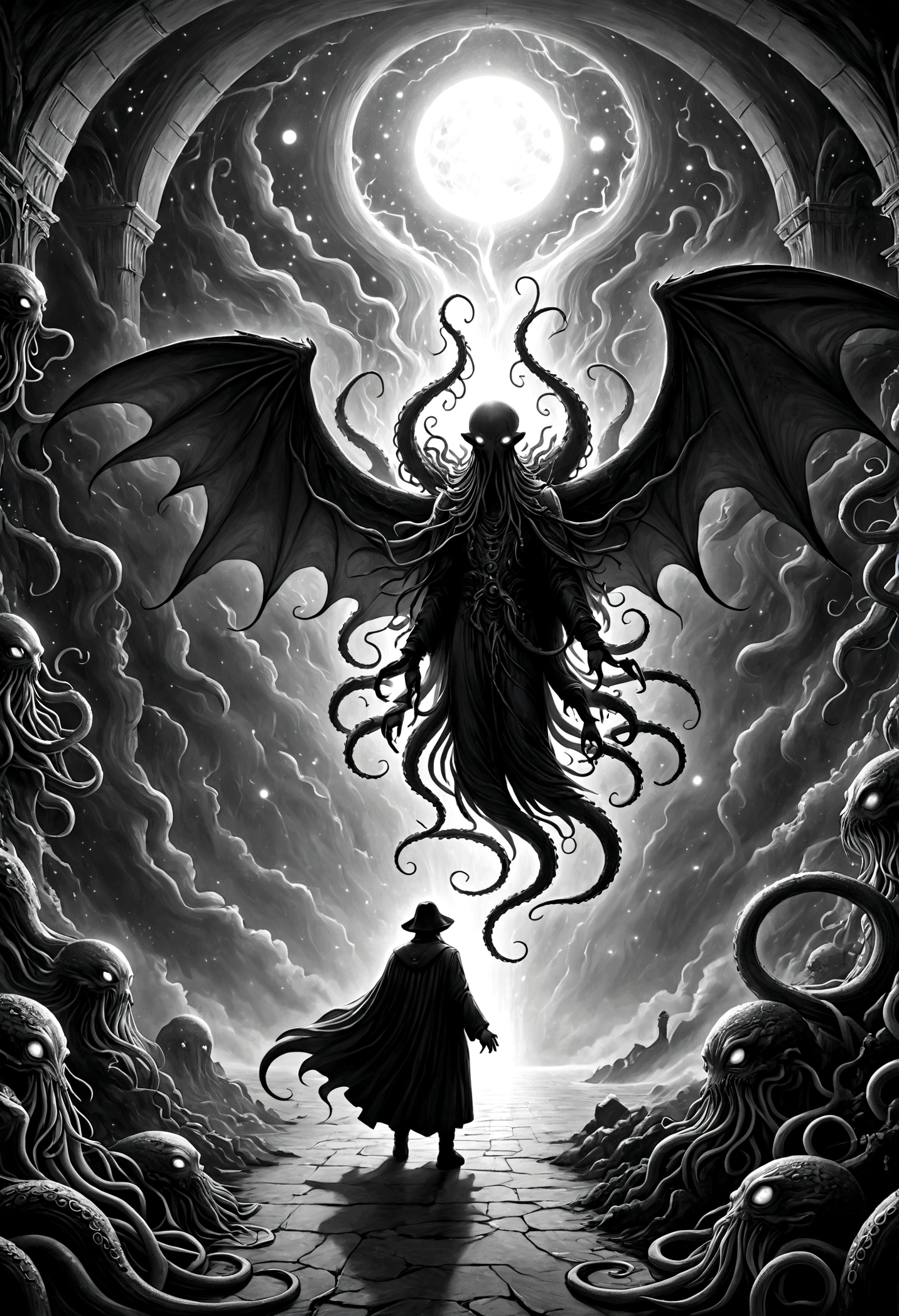 a terrifying ancient eldritch entity, cthulhu mythos, cosmic horror, long tentacles, wings, divine and demonic form, cloak, contrast, relativity, quantum mechanics, abyss, nightmarish existence, insane, bizarre, dark moody atmosphere, cinematic lighting, dramatic shadows, muted colors, chiaroscuro,Transition from black and white on the left half to bright colors on the right half,Ensure seamless integration between the two halves,No dividing line,The scene is the same on both sides,Black and white pencil detail on left side,Right fill color,The mixture formed in the whole image,Perfect details, animation art style, Large murals, Strong contrast between light and dark