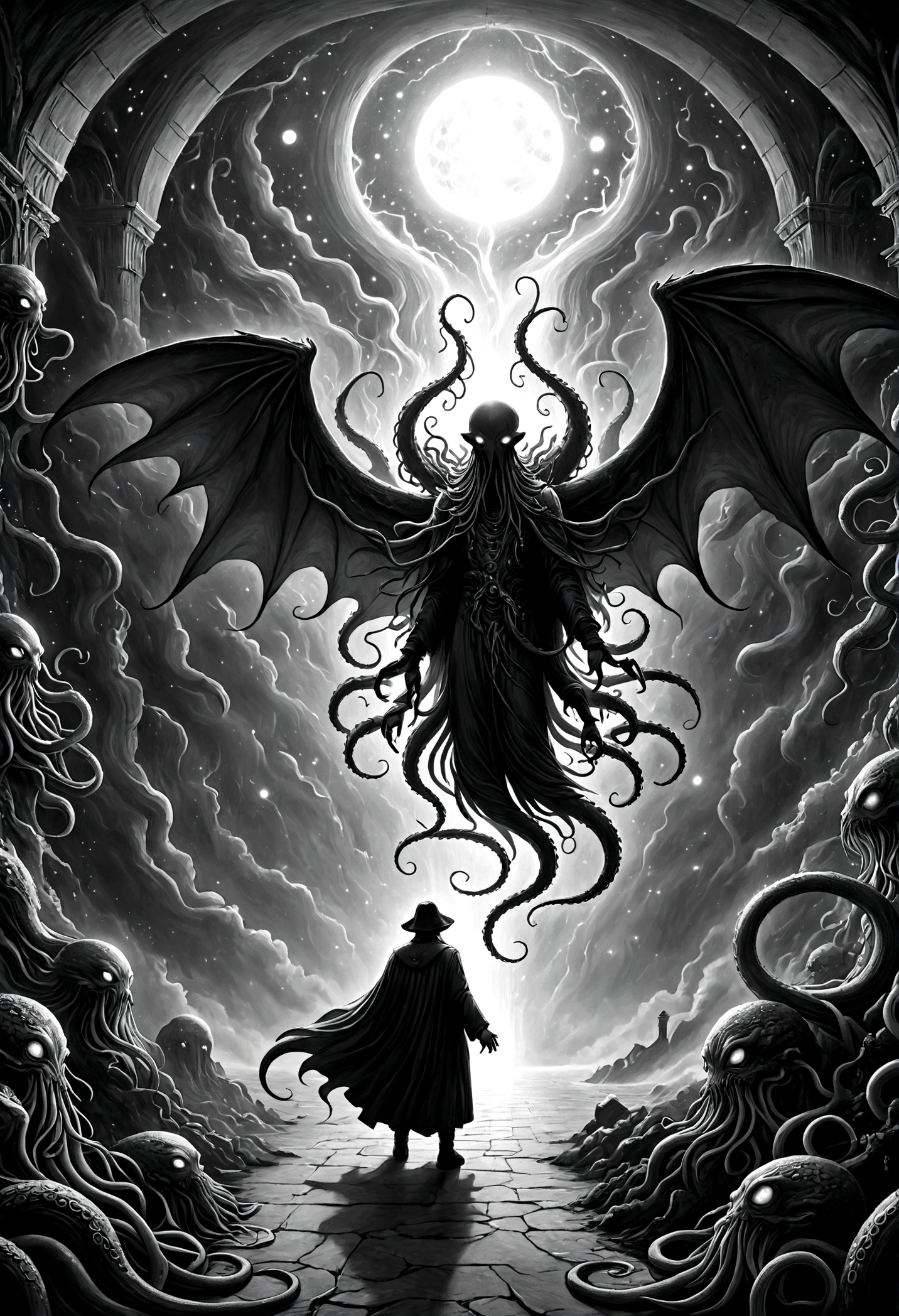 a terrifying ancient eldritch entity, cthulhu mythos, cosmic horror, long tentacles, wings, divine and demonic form, cloak, contrast, relativity, quantum mechanics, abyss, nightmarish existence, insane, bizarre, dark moody atmosphere, cinematic lighting, dramatic shadows, muted colors, chiaroscuro，Transition from black and white on the left half to bright colors on the right half，Ensure seamless integration between the two halves，No dividing line，The scene is the same on both sides，Black and white pencil detail on left side，Right fill color，The mixture formed in the whole image，Perfect details, animation art style, Large murals, Strong contrast between light and dark