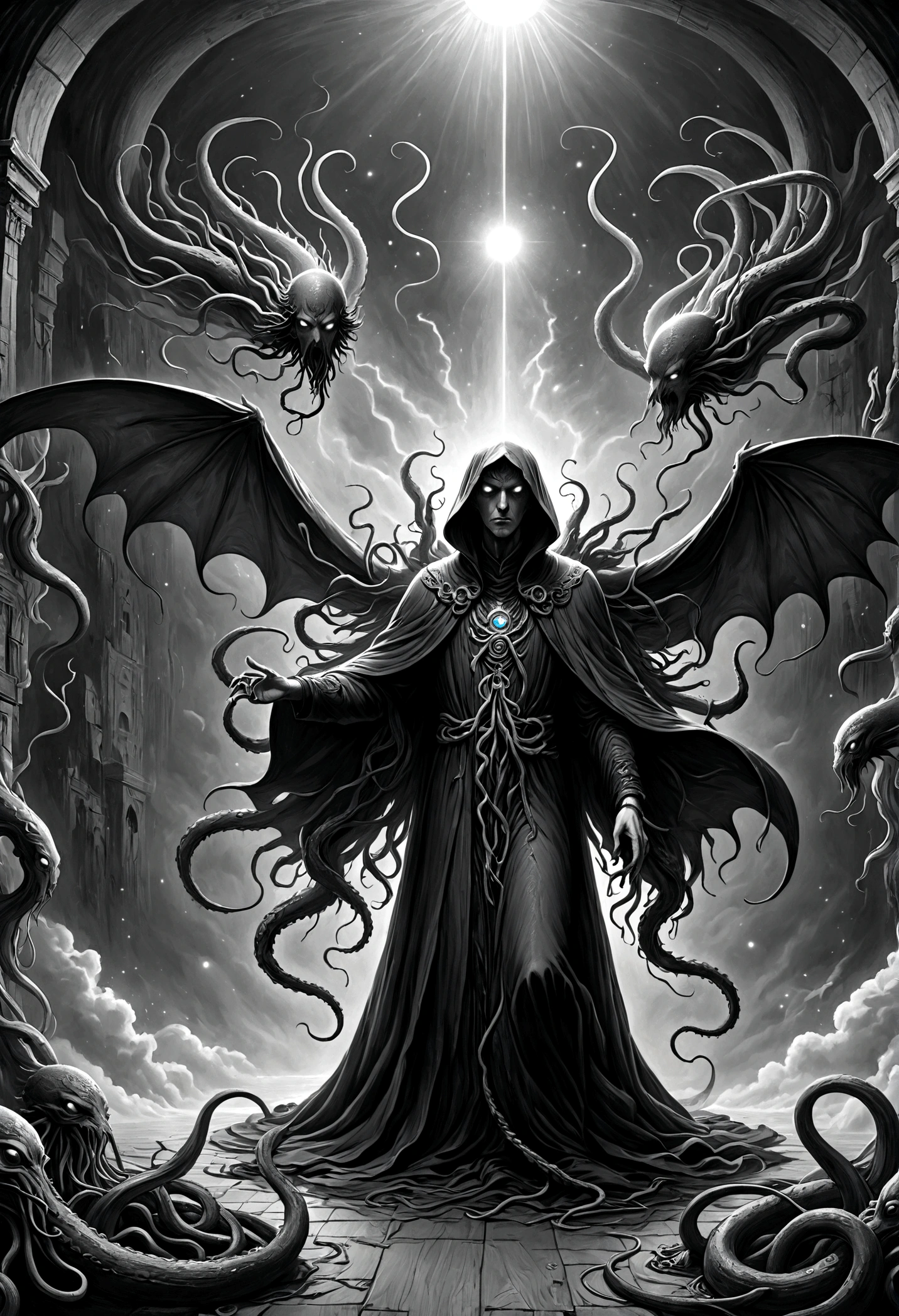 a terrifying ancient eldritch entity, cthulhu mythos, cosmic horror, long tentacles, wings, divine and demonic form, cloak, contrast, relativity, quantum mechanics, abyss, nightmarish existence, insane, bizarre, dark moody atmosphere, cinematic lighting, dramatic shadows, muted colors, chiaroscuro,Transition from black and white on the left half to bright colors on the right half,Ensure seamless integration between the two halves,No dividing line,The scene is the same on both sides,Black and white pencil detail on left side,Right fill color,The mixture formed in the whole image,Perfect details, animation art style, Large murals, Strong contrast between light and dark