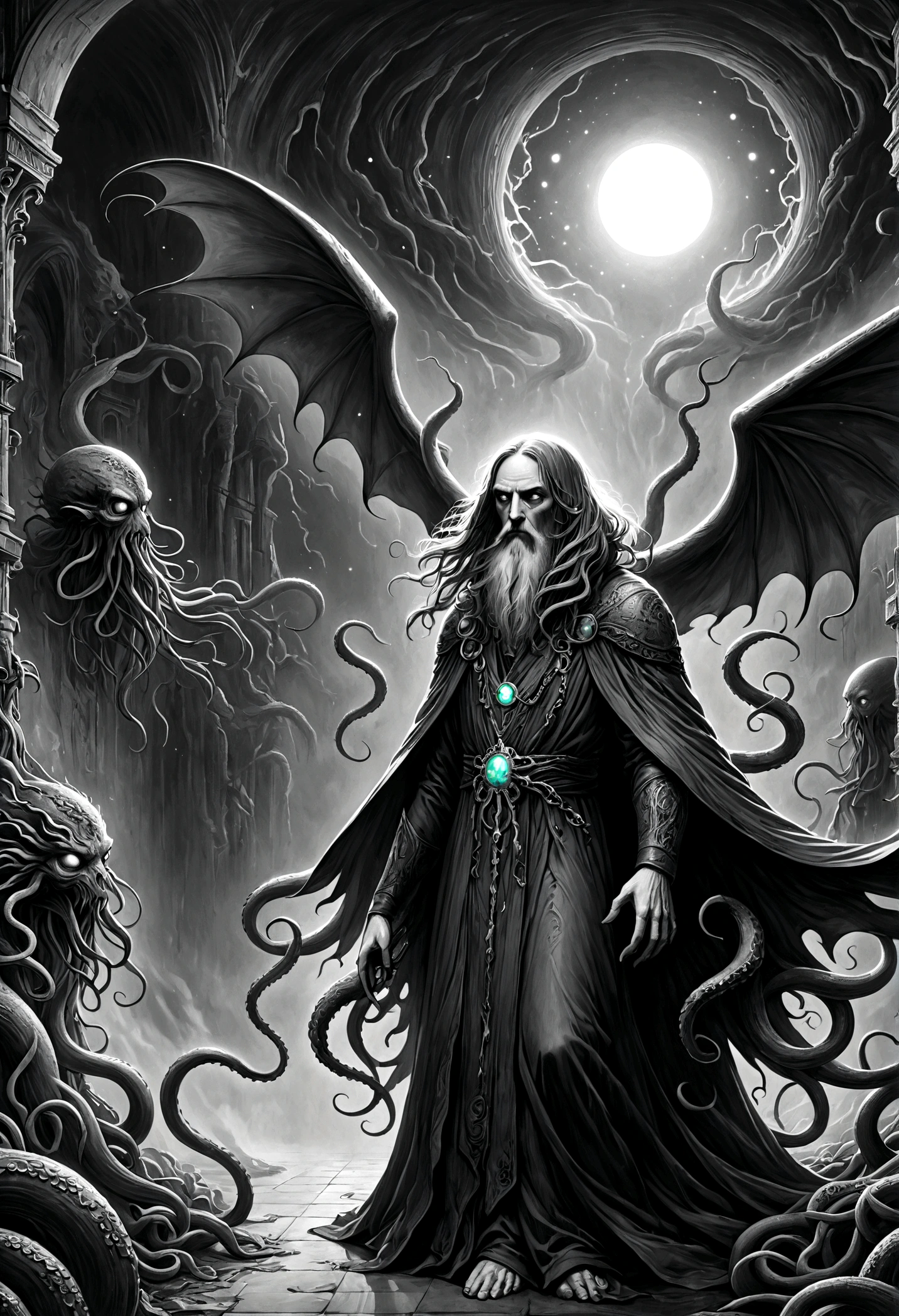 a terrifying ancient eldritch entity, cthulhu mythos, cosmic horror, long tentacles, wings, divine and demonic form, cloak, contrast, relativity, quantum mechanics, abyss, nightmarish existence, insane, bizarre, dark moody atmosphere, cinematic lighting, dramatic shadows, muted colors, chiaroscuro，Transition from black and white on the left half to bright colors on the right half，Ensure seamless integration between the two halves，No dividing line，The scene is the same on both sides，Black and white pencil detail on left side，Right fill color，The mixture formed in the whole image，Perfect details, animation art style, Large murals, Strong contrast between light and dark