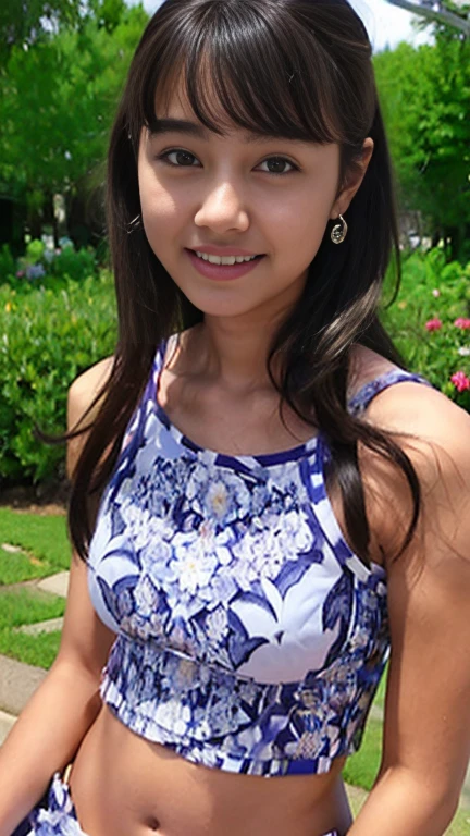 ((Masterpiece)), 8k, Masterpiece, Highest Quality, 1 Girl, Solo, Realistic, Garden, Photorealistic, Super Detailed, Detailed Background, (Solo: 1.4), Happy Expression, Slender Body, Realistic Highly detailed long hair, intricate details, masterpiece, top quality, waist shot, (flowery garden background)), smile, ((looking at camera)), earrings, long straight hair, asymmetrical bangs, natural chest ,