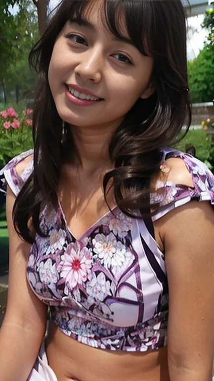 ((Masterpiece)), 8k, Masterpiece, Highest Quality, 1 Girl, Solo, Realistic, Garden, Photorealistic, Super Detailed, Detailed Background, (Solo: 1.4), Happy Expression, Slender Body, Realistic Highly detailed long hair, intricate details, masterpiece, top quality, waist shot, (flowery garden background)), smile, ((looking at camera)), earrings, long straight hair, asymmetrical bangs, natural chest ,