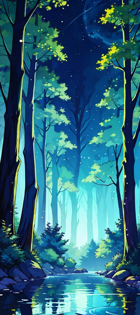 a cartoon style image of a night view of a forest split by a river, the water reflects light, dusk, masterpiece,