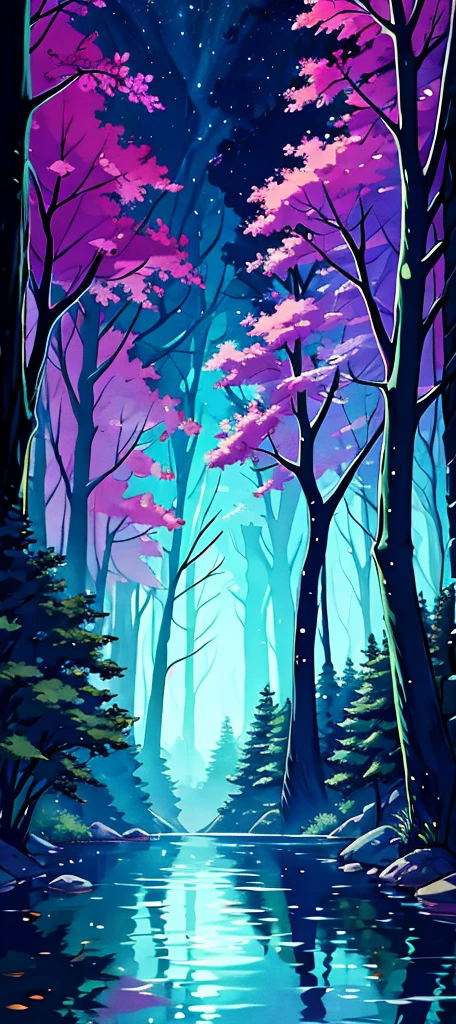 a cartoon style image of a night view of a forest split by a river, the water reflects light, dusk, masterpiece,