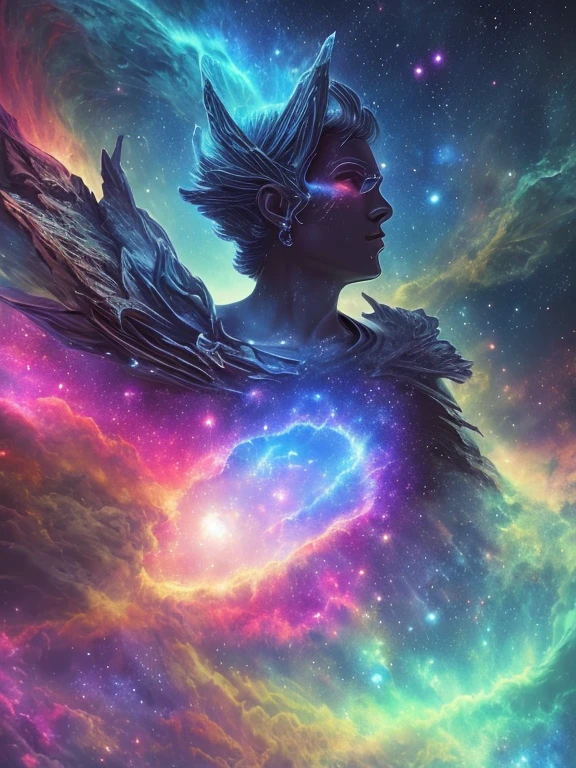 Spectacular sights:A figure emerged from the glowing clouds.,Only the head is displayed, Fractal Nebula Thread, Cosmic entities, Heavenly, Cosmic, Vibrant and vivid, swirl, Rotation, unrealistic, High contrast, symbolism, magic, mystery, mind bending, Surrealism, Supersaturation, Colorfully,nebula
