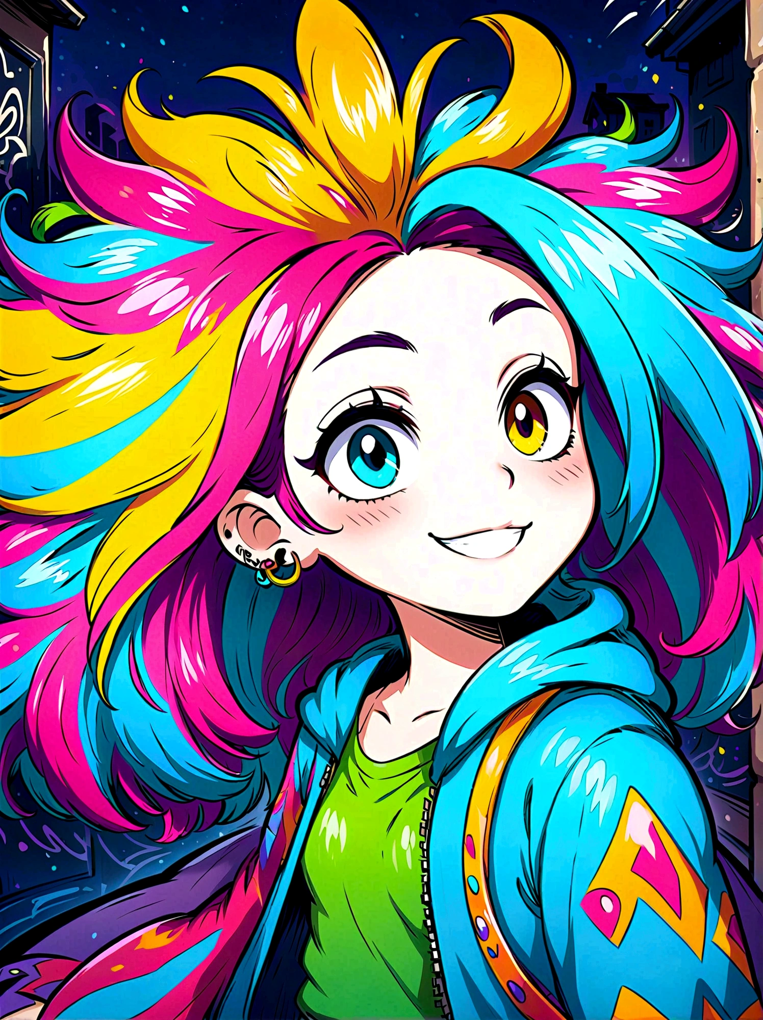 (masterpiece，Best quality:1.2)，Graffiti style，Cartoon Characters，Vector illustration，1boy，solo，side，Large and expressive eyes，Friendly Smile，Gorgeous clothes，Colorful hair，Unique and wild hairstyle，站在Graffiti style的背景前，Add whimsy to the scene