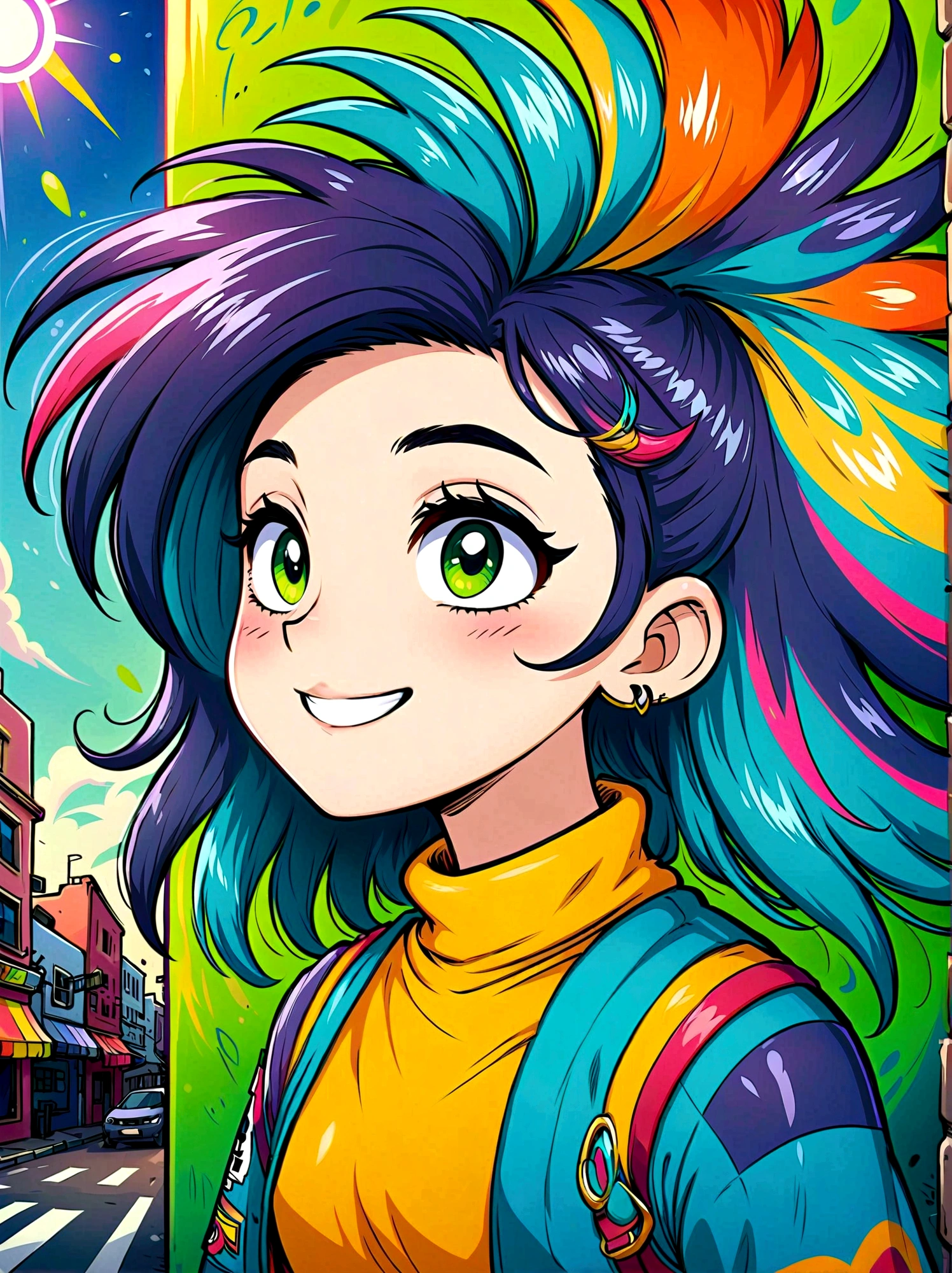 (masterpiece，Best quality:1.2)，Graffiti style，Cartoon Characters，Vector illustration，1boy，solo，side，Large and expressive eyes，Friendly Smile，Gorgeous clothes，Colorful hair，Unique and wild hairstyle，站在Graffiti style的背景前，Add whimsy to the scene