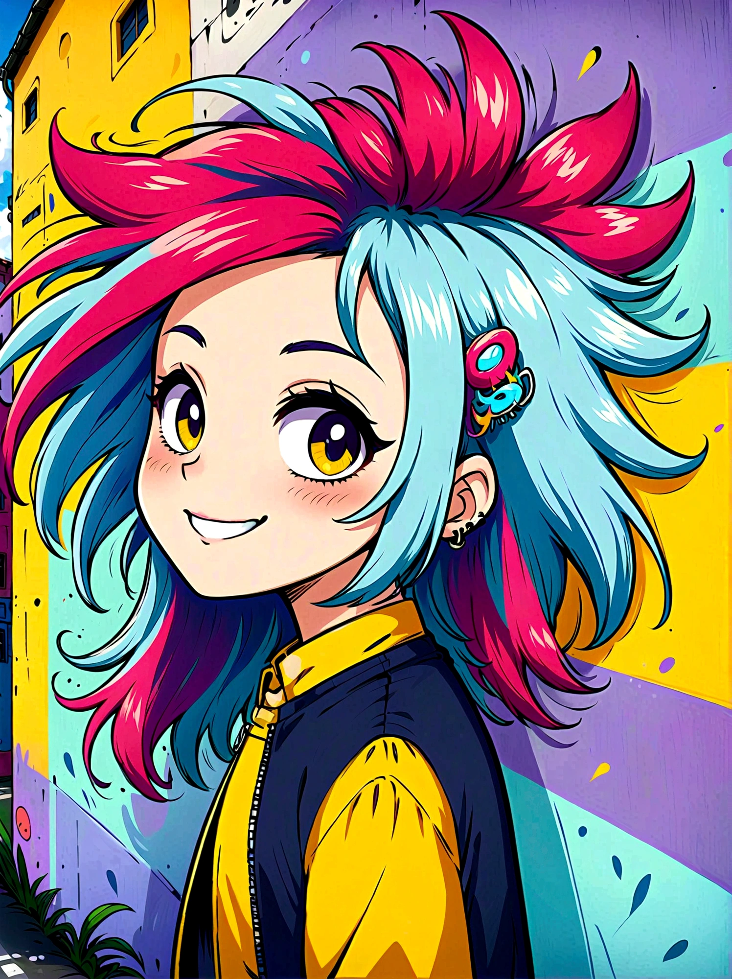 (masterpiece，Best quality:1.2)，Graffiti style，Cartoon Characters，Vector illustration，1boy，solo，side，Large and expressive eyes，Friendly Smile，Gorgeous clothes，Colorful hair，Unique and wild hairstyle，站在Graffiti style的背景前，Add whimsy to the scene