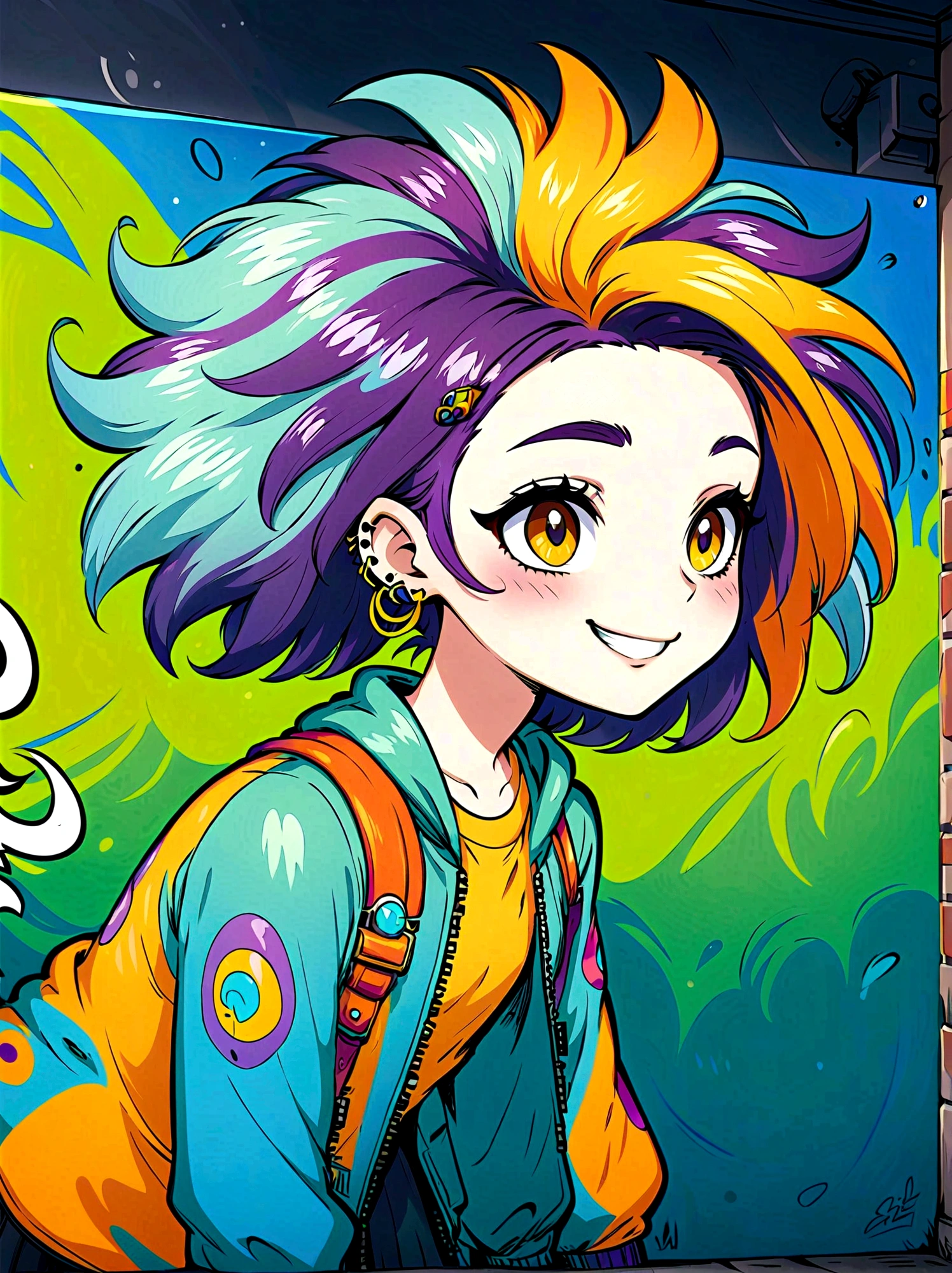 (masterpiece，Best quality:1.2)，Graffiti style，Cartoon Characters，Vector illustration，1boy，solo，side，Large and expressive eyes，Friendly Smile，Gorgeous clothes，Colorful hair，Unique and wild hairstyle，站在Graffiti style的背景前，Add whimsy to the scene