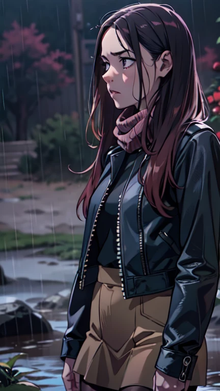 8k, ultra-detailed, documentary drama photo, grainy film photo, side view, masterpiece,muted colors, muffled light, dusk, rainy, moody, woman drowning in forest mud bog, shame expression, stockings, pencil skirt, light turtleneck, faded leather jacket, beautiful long brunette hair, depraved outfit,asian:0.5fetishistic makeup,
