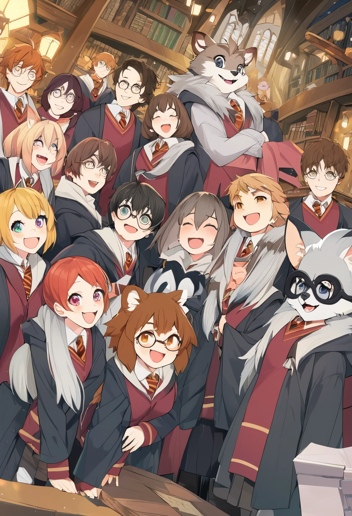 dynamic angle, top quality, best quality, High-quality illustrations, masterpiece, super high resolution, detailed background, detailed background, Harry Potter series, group shot:0.1, 6+boys, 6+girls, Happy, joyful, absurdres(highly detailed beautiful face and eyes)perfect anatomy(kemono, furry anthro),