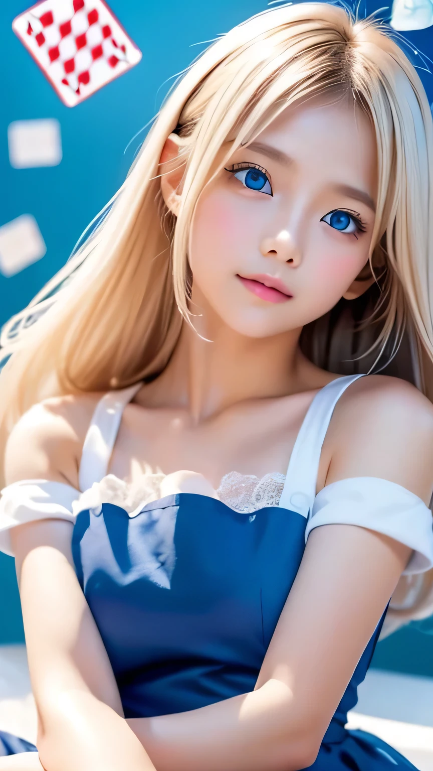 highest quality、Ultra-high resolution、photograph、Cute girl photograph、Detailed cute and beautiful face、(Pure Eros Face_v1:0.008)、Alice in Wonderland、14 years old、White, shiny skin、Platinum blonde super long straight hair、Beautiful big blue eyes、bangs、White Apron、Blue Dress、Background with playing cards pattern、No makeup