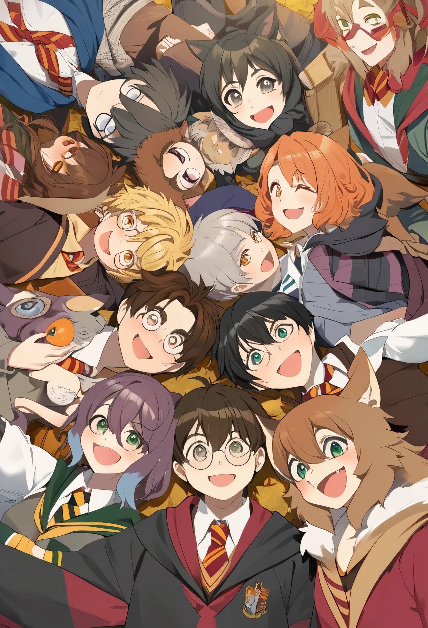 dynamic angle, top quality, best quality, High-quality illustrations, masterpiece, super high resolution, detailed background, detailed background, Harry Potter series, group shot:0.1, 6+boys, 6+girls, Happy, joyful, absurdres(highly detailed beautiful face and eyes)perfect anatomy(kemono, furry anthro),