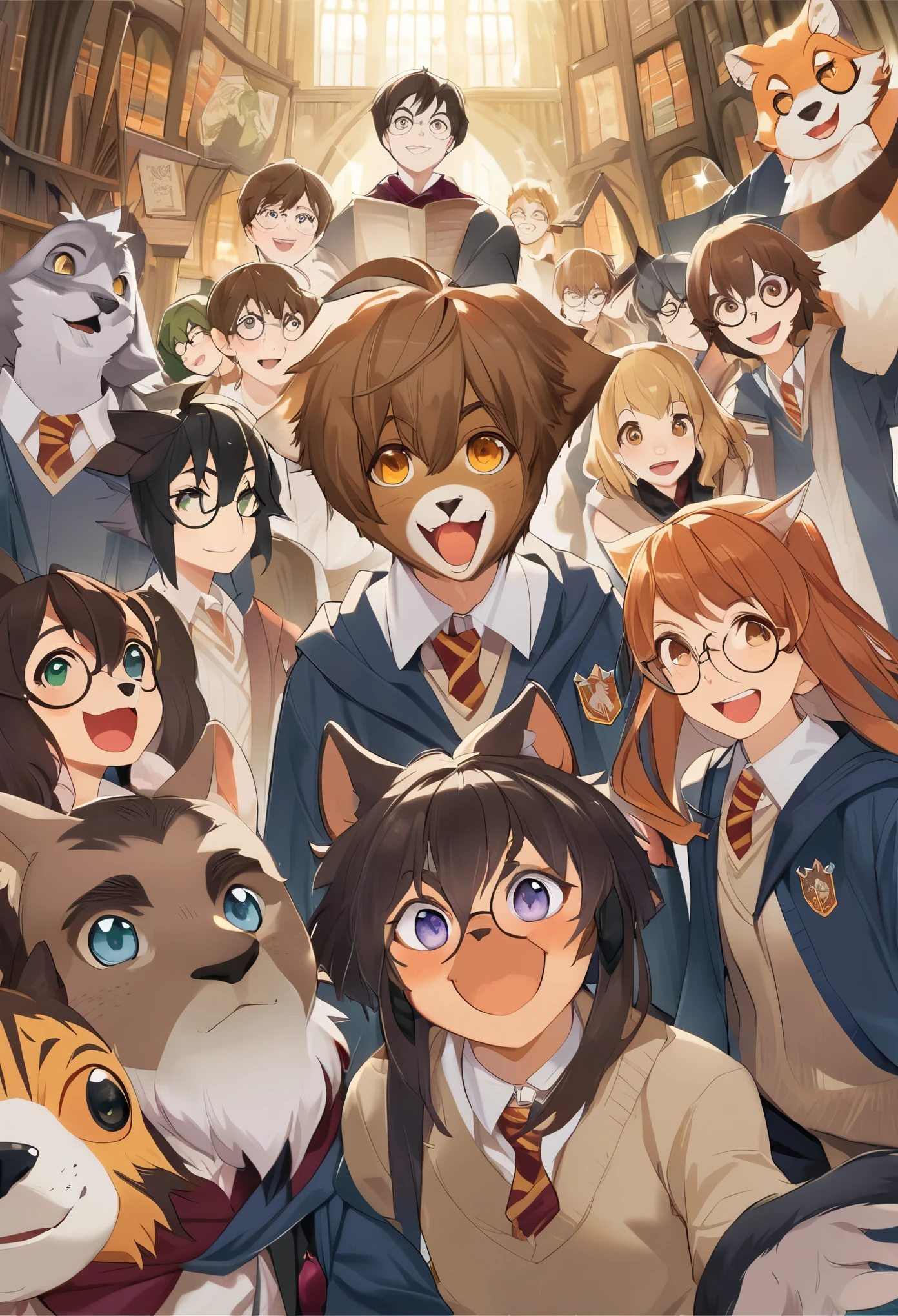 dynamic angle, top quality, best quality, High-quality illustrations, masterpiece, super high resolution, detailed background, detailed background, Harry Potter series, group shot:0.1, 6+boys, 6+girls, Happy, joyful, absurdres(highly detailed beautiful face and eyes)perfect anatomy(kemono, furry anthro),