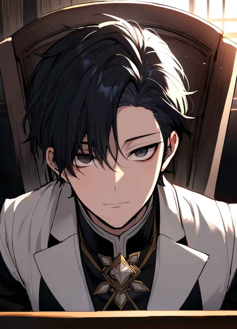 A Anime boy 18 y old (black hair like etadore form jjk ) (black eyes) (hude as clothe) (a youtuber) (confidence)(frot view) (setting on chair)