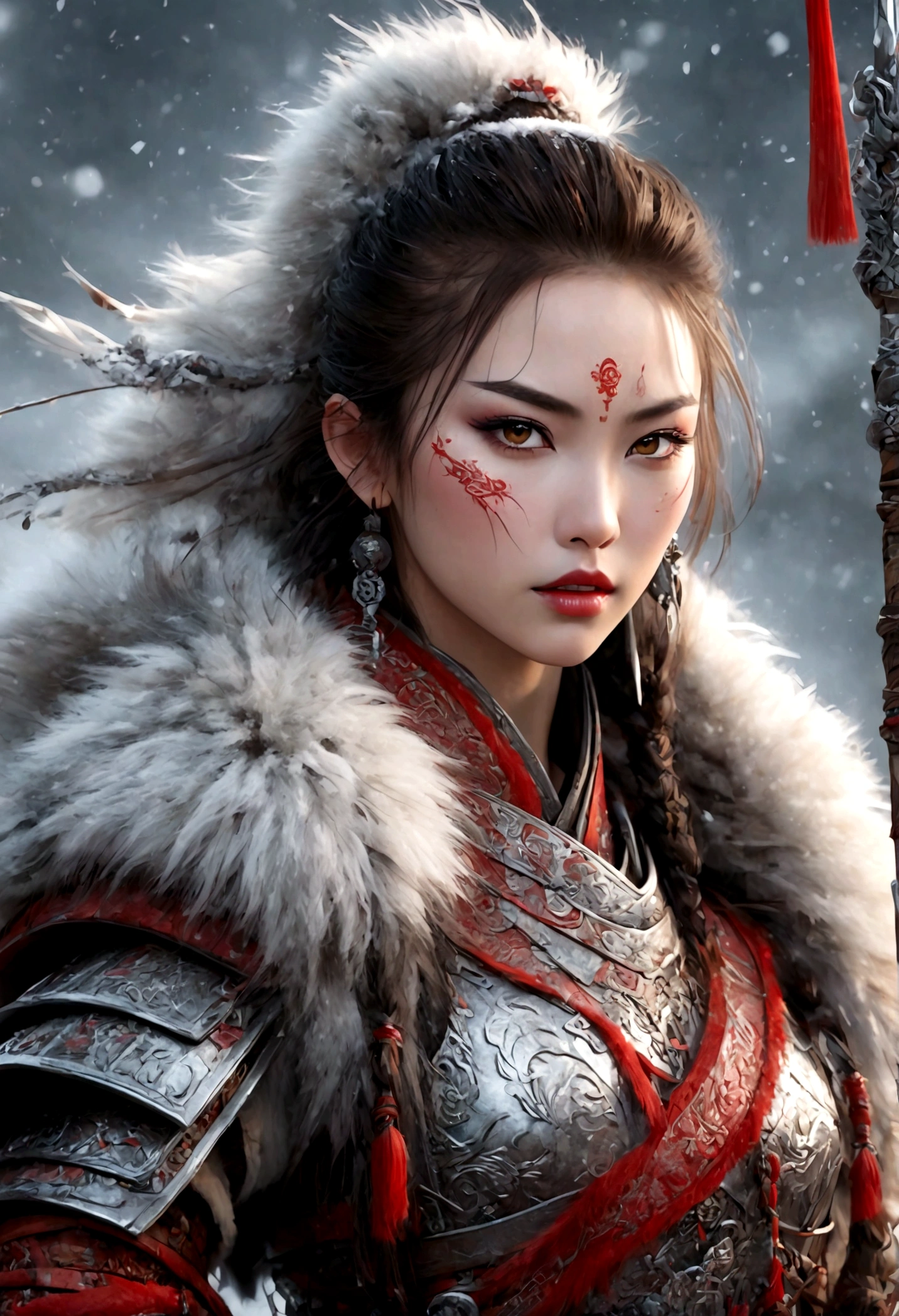 (best quality,4k,8K,high resolution,masterpiece:1.2),Very detailed,(actual,photoactual,photo-actual:1.37),Thick fur winter coat,Creative fusion of traditional Chinese design patterns and contemporary elements, High Ponytail,There is blood on the face,Red paint, Strong expression, Full of energy, Sharp eyes, 1 warrior, Handsome face, Tiger beast, Epic Fantasy Character Art, wearing intricate fur armor, Luis Royo (Luis Royo) style, Northern female warrior holding a spear, HDR, Ultra high quality, Studio Lighting, Ultra-fine, Be focused, Physically Based Rendering, Very detailed的描述, professional, Vibrant colors, Bokeh, portrait, landscape