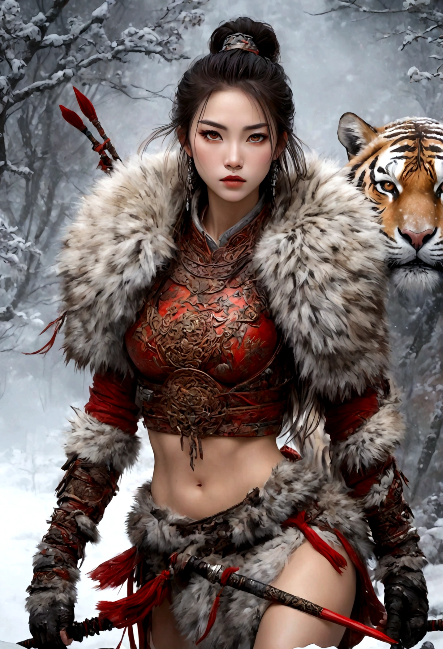 (best quality,4k,8K,high resolution,masterpiece:1.2),Very detailed,(actual,photoactual,photo-actual:1.37),Thick fur winter coat,Creative fusion of traditional Chinese design patterns and contemporary elements, High Ponytail,There is blood on the face,Red paint, Strong expression, Full of energy, Sharp eyes, 1 warrior, Handsome face, Tiger beast, Epic Fantasy Character Art, wearing intricate fur armor, Luis Royo (Luis Royo) style, Northern female warrior holding a spear, HDR, Ultra high quality, Studio Lighting, Ultra-fine, Be focused, Physically Based Rendering, Very detailed的描述, professional, Vibrant colors, Bokeh, portrait, landscape