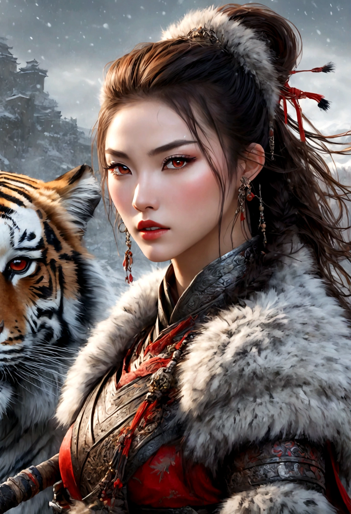 (best quality,4k,8K,high resolution,masterpiece:1.2),Very detailed,(actual,photoactual,photo-actual:1.37),Thick fur winter coat,Creative fusion of traditional Chinese design patterns and contemporary elements, High Ponytail,There is blood on the face,Red paint, Strong expression, Full of energy, Sharp eyes, 1 warrior, Handsome face, Tiger beast, Epic Fantasy Character Art, wearing intricate fur armor, Luis Royo (Luis Royo) style, Northern female warrior holding a spear, HDR, Ultra high quality, Studio Lighting, Ultra-fine, Be focused, Physically Based Rendering, Very detailed的描述, professional, Vibrant colors, Bokeh, portrait, landscape