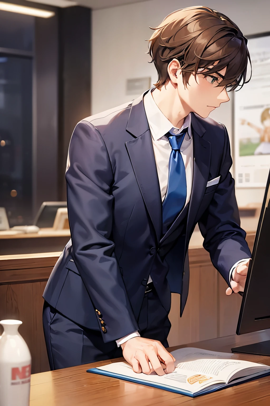 (looking away:1.5), side angle, upper body、masterpiece、highest quality、BREAK (25-year-old male:1.5) and (Mahogany brown short hair) and (Green Eyes) BREAK (suit:1.5) and (Blue tie)、Are standing、Serious expression, The background is the office、alone、Upper body is shown、I'm using a computer