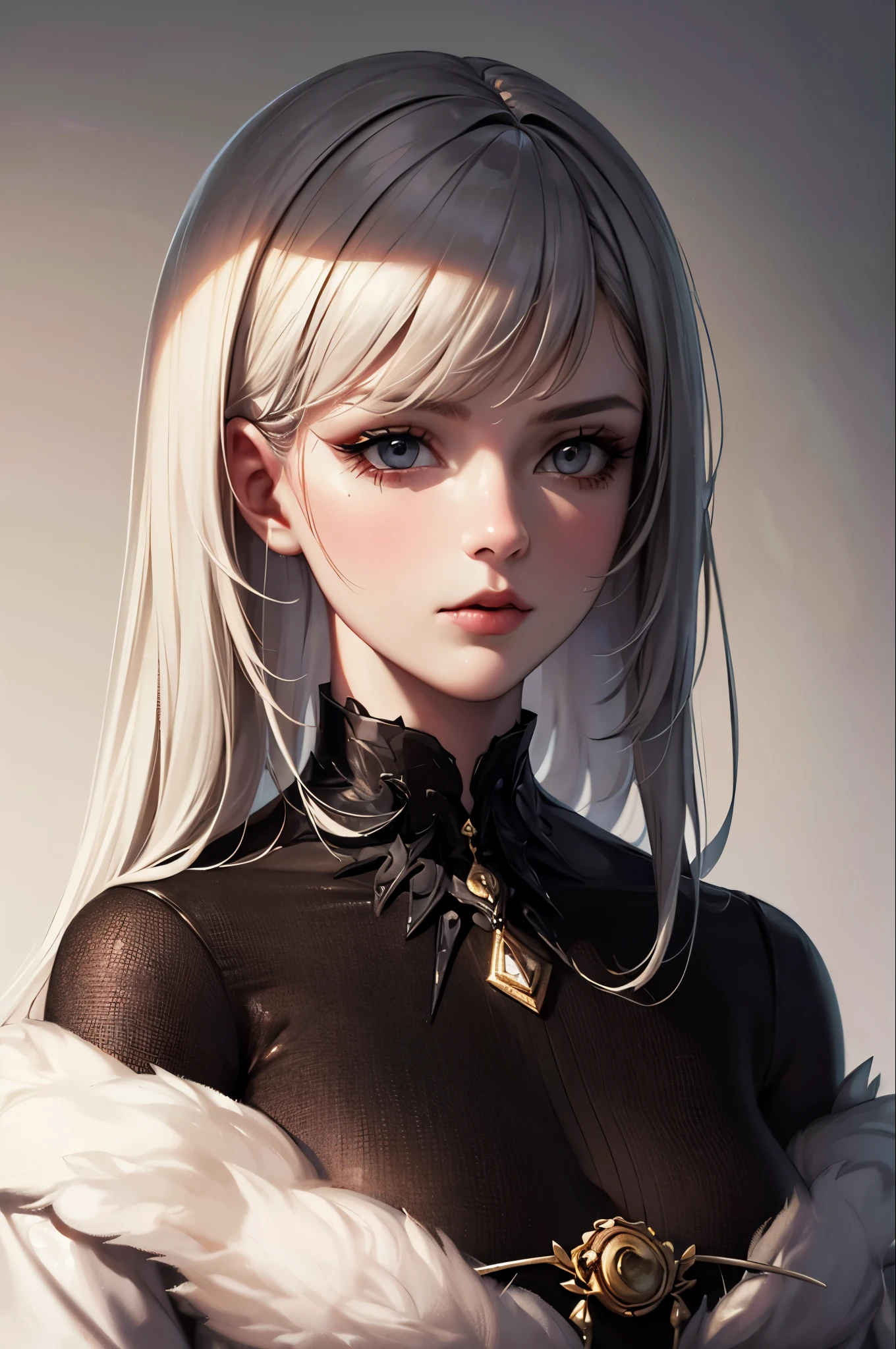 highly detailed, 8k, masterpiece, One girl, Grey Two Tone_hair, dress , , (perfection_face), Brilliant, complicated, Dramatic lighting, 4K, detailed_background, Caustics, Portraiture, , from_~ side