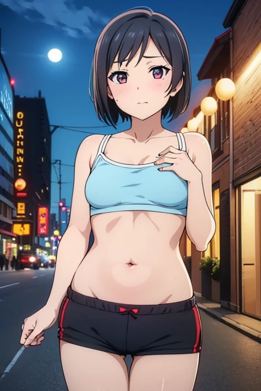 highest quality,NSFW,Tight microhotpants,belly button,(((old and Mature Woman1.3,Shyness:2,Small breasts,night))),Red face,short hair,Black Hair,Outdoor,on the road,(Areola),downtown,crowded,Fat,wrinkle,Leaning forward,boyish