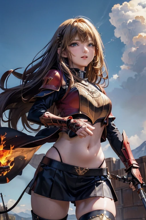 #Basics Girl posing for a photo, animeのかわいい女の子, (((One Girl, Baby Face, ))),
BREAK
#Clothing Accessories
(((red on black)Armor with a flame motif:1.4) : Breastplate decorated with red gemstones + I can see my belly button + Gauntlet + Knee-high boots with knee pads, red cape, Gripping the hilt of the sword, Wearing a shield),
BREAK
#Features
(Blonde:1.4, Bangs that cover the eyes:1.4, (Very long back hair + Thick, curly hair at the back + Wavy back hair + Back hair fluttering in the wind)),
(Droopy eyes,blue eyes),
(Small breasts),
BREAK
#expression
(smug face, Grin),
#background environment
((noon, Meadow in a fantasy world +cumulonimbus + I can see the mountains)),
#composition
(Turning your body to the viewer:1.4, from below:1.4, Cowboy Shot:1.4),
BREAK
#Body parts elements
(Beautiful Hair,Shiny Hair),
(double eyelid, Long eyelashes),
(Expression of fine eyes, Beautiful and delicate eyes, Sparkling eyes, Eye Reflexes),
(Human Ear),
(Beautiful Nose, Thin Nose),
(Glossy lips, Beautiful Lips, Thick lips), (Symmetrical facial features),
(Detailed skin, Textured skin, Beautiful Skin),
BREAK
#Quality
(((highest quality)), ((masterpiece)), ((Very detailed))),
((High resolution), (16k,1080p)),
(Realistic), (Anatomically correct),
((comics, anime)), (3DCG), CG illustration,