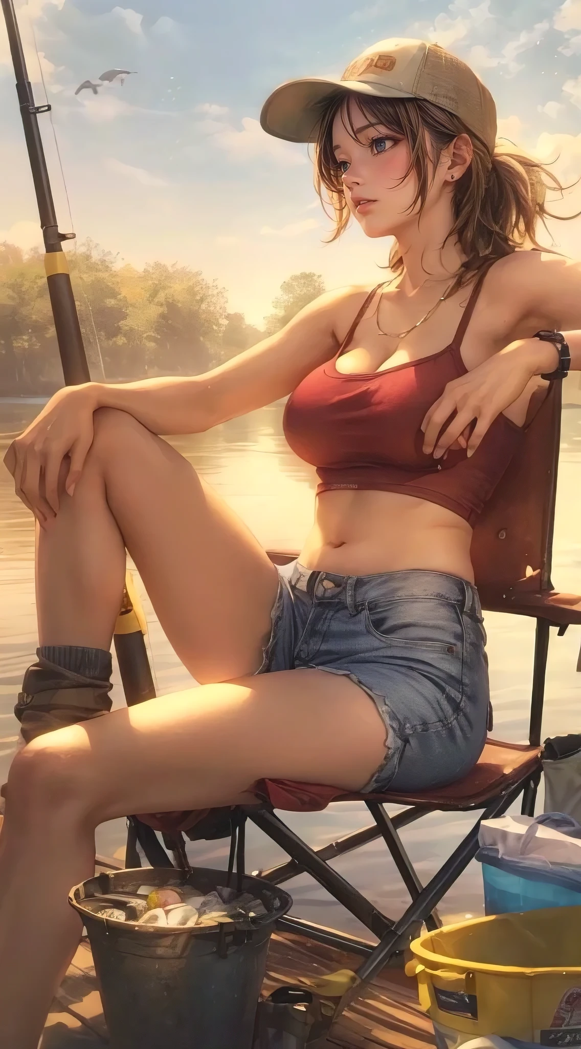 remove and fixbeautiful young woman fishing by the lake in south florida, curvaceous and slim, (big breasts:1.3), trucker hat, tube top, jeans shorts, a chum bucket, a beer cooler bucket, plastic foldable chair, she's patiently waiting for the next catch, late afternoon, ultra-detailed, photorealistic anime style