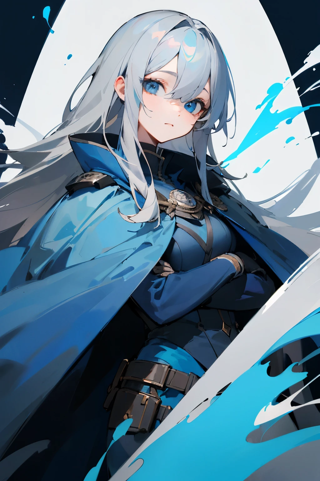((highest quality)), ((masterpiece)), (Gray Hair、blue on the right、Odd eye with white on the left、Long Hair、Cool black and blue clothing that looks like a cape), 1 person
