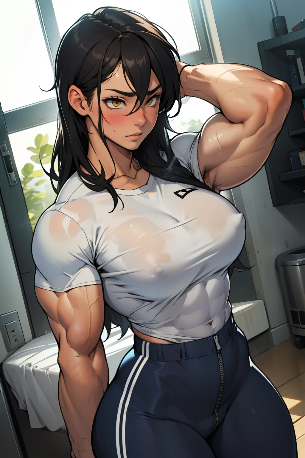 ((((girl muscular thick)))) pale skin black hair yellow eyes huge breasts toned body embarrassed blush long hair tight shirt