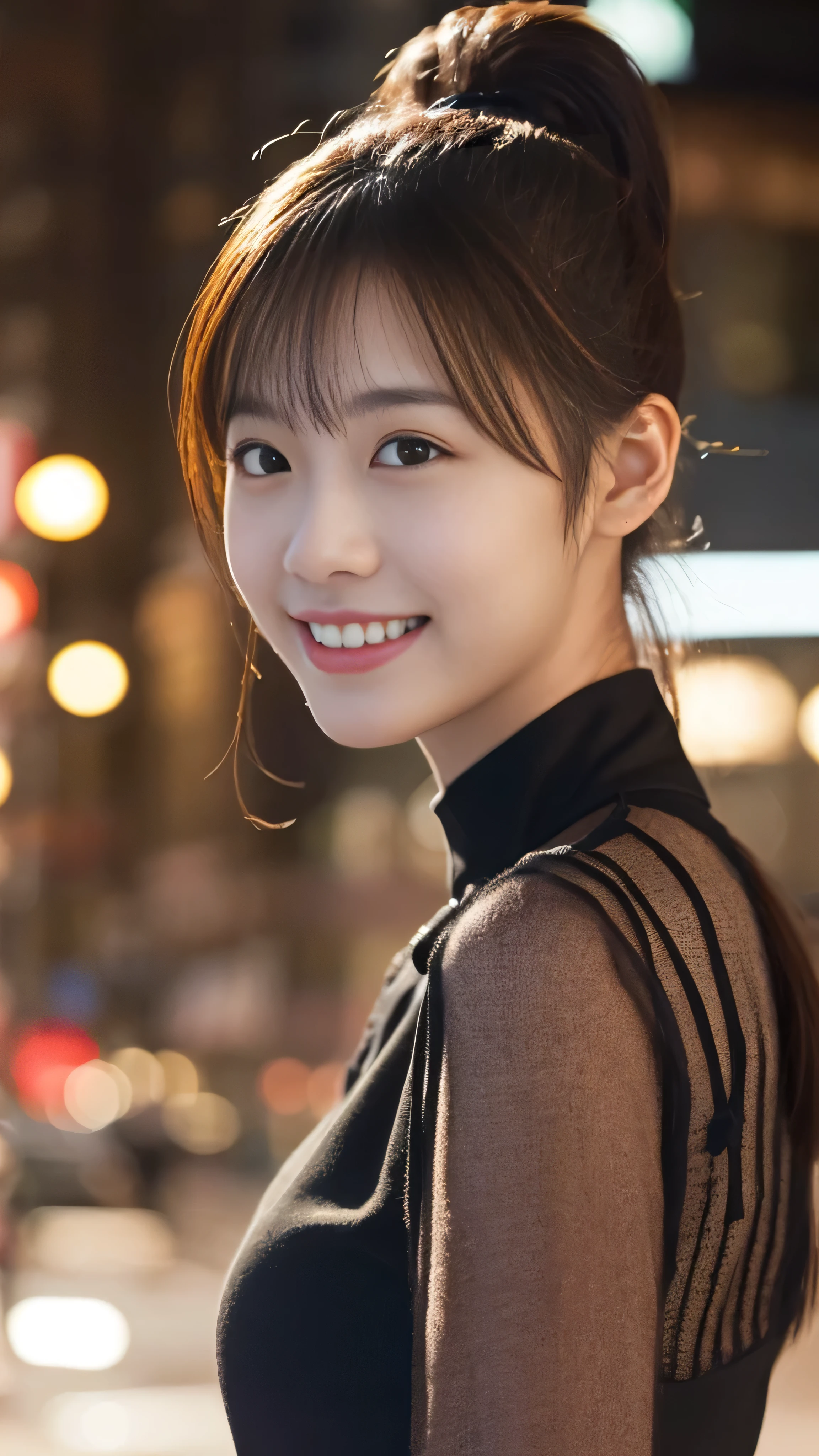 1 girl, (Wearing a black blouse:1.2), Beautiful Japanese actresses, (ponytail:1.3),
(RAW Photos, highest quality), (Realistic, Photorealistic:1.4), masterpiece,
Very delicate and beautiful, Very detailed, 2k wallpaper, wonderful,
finely, Very detailed CG Unity 8K wallpaper, Very detailed, High resolution,
Soft Light, Beautiful detailed girl, Very detailed目と顔, Beautiful and detailed nose, Beautiful and detailed, Cinema Lighting,
break
(Snowy night cityscape as background 1.3), City lights,
Perfect Anatomy, Slender body, smile, Face the front completely, Looking at the camera