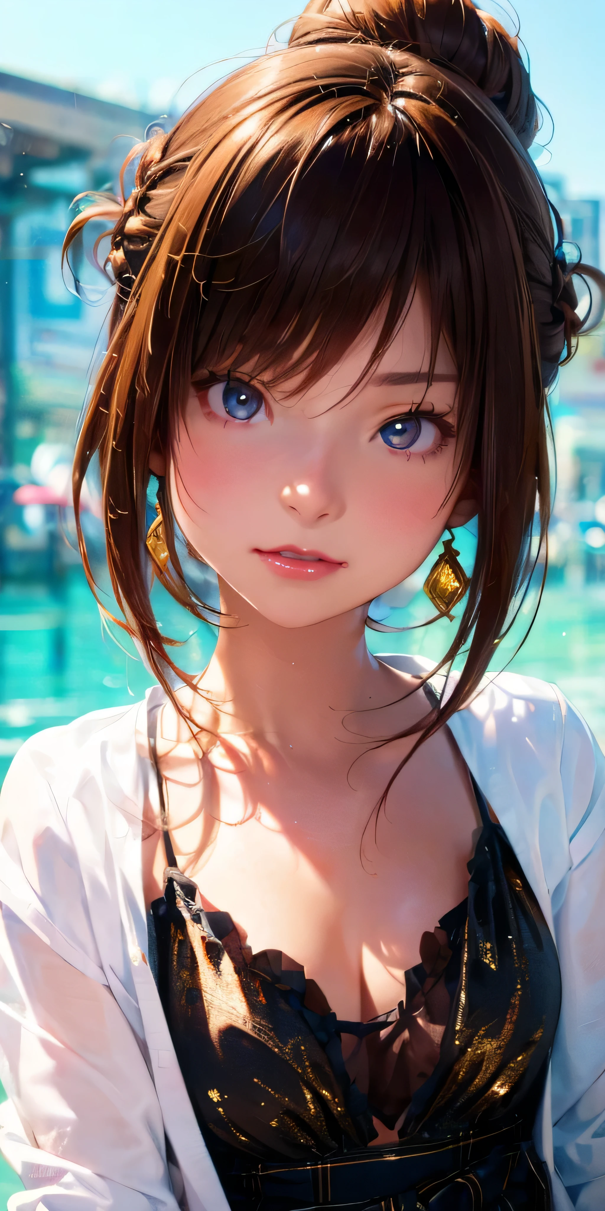 pretty girl, (Brown Hair), ((very bun hair)), Perfect Face, An innocent smile, Upper Body,(Cerulean Eyes), (()), Skin dents, Very detailed, Attractive oval face, Red lips, pink, Shiny skin, Thin Hair, Face Focus, Chest close-up, Gorgeous hair ornament, Gold earrings, ((1 girl)), Embarrassed look,