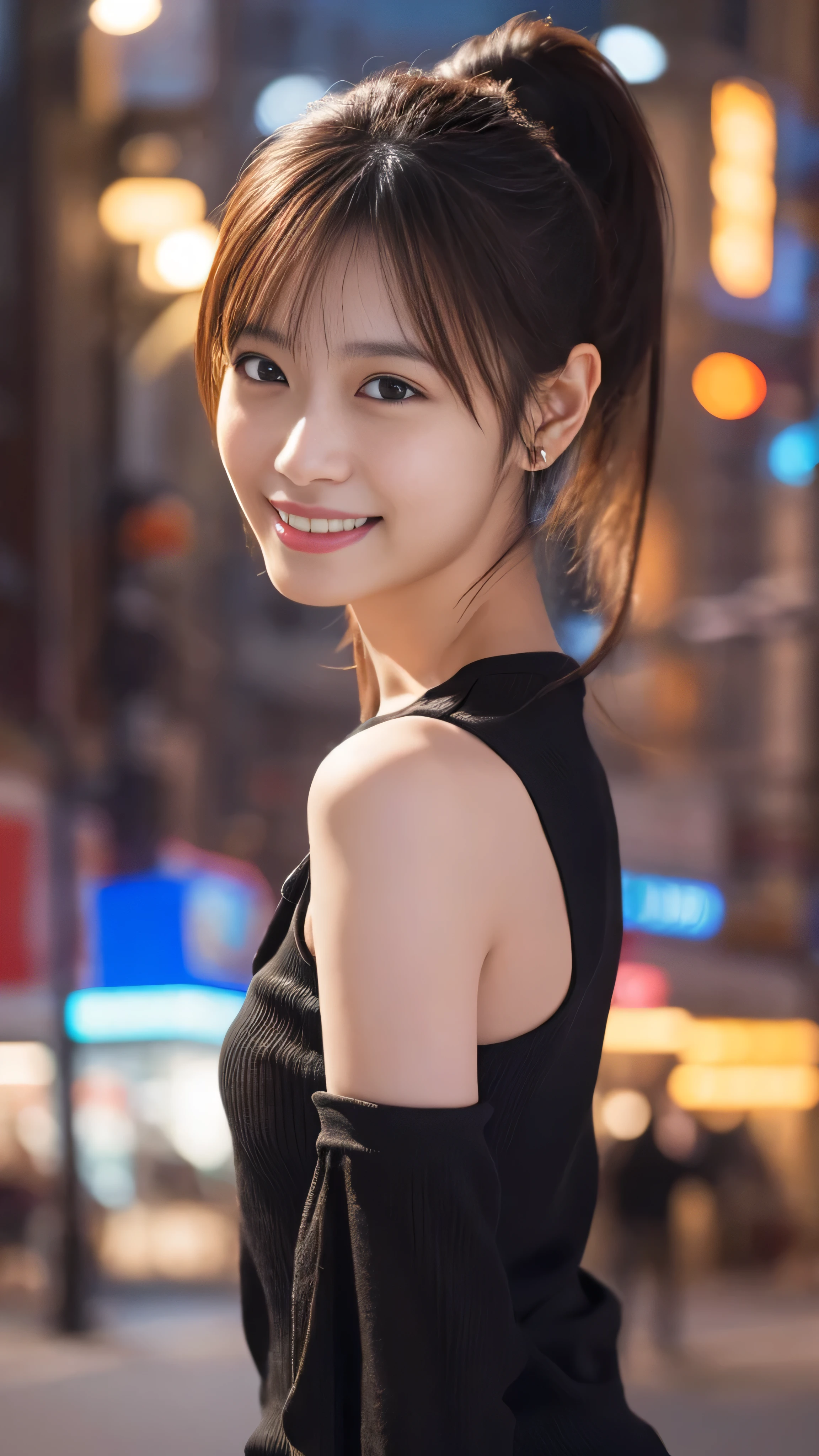 1 girl, (Wearing a black blouse:1.2), Beautiful Japanese actresses, (ponytail:1.3),
(RAW Photos, highest quality), (Realistic, Photorealistic:1.4), masterpiece, 
Very delicate and beautiful, Very detailed, 2k wallpaper, wonderful, 
finely, Very detailed CG Unity 8K wallpaper, Very detailed, High resolution, 
Soft Light, Beautiful detailed girl, Very detailed目と顔, Beautiful and detailed nose, Beautiful and detailed, Cinema Lighting, 
break
(Snowy night cityscape as background 1.3), City lights, 
Perfect Anatomy, Slender body, smile, Face the front completely, Looking at the camera