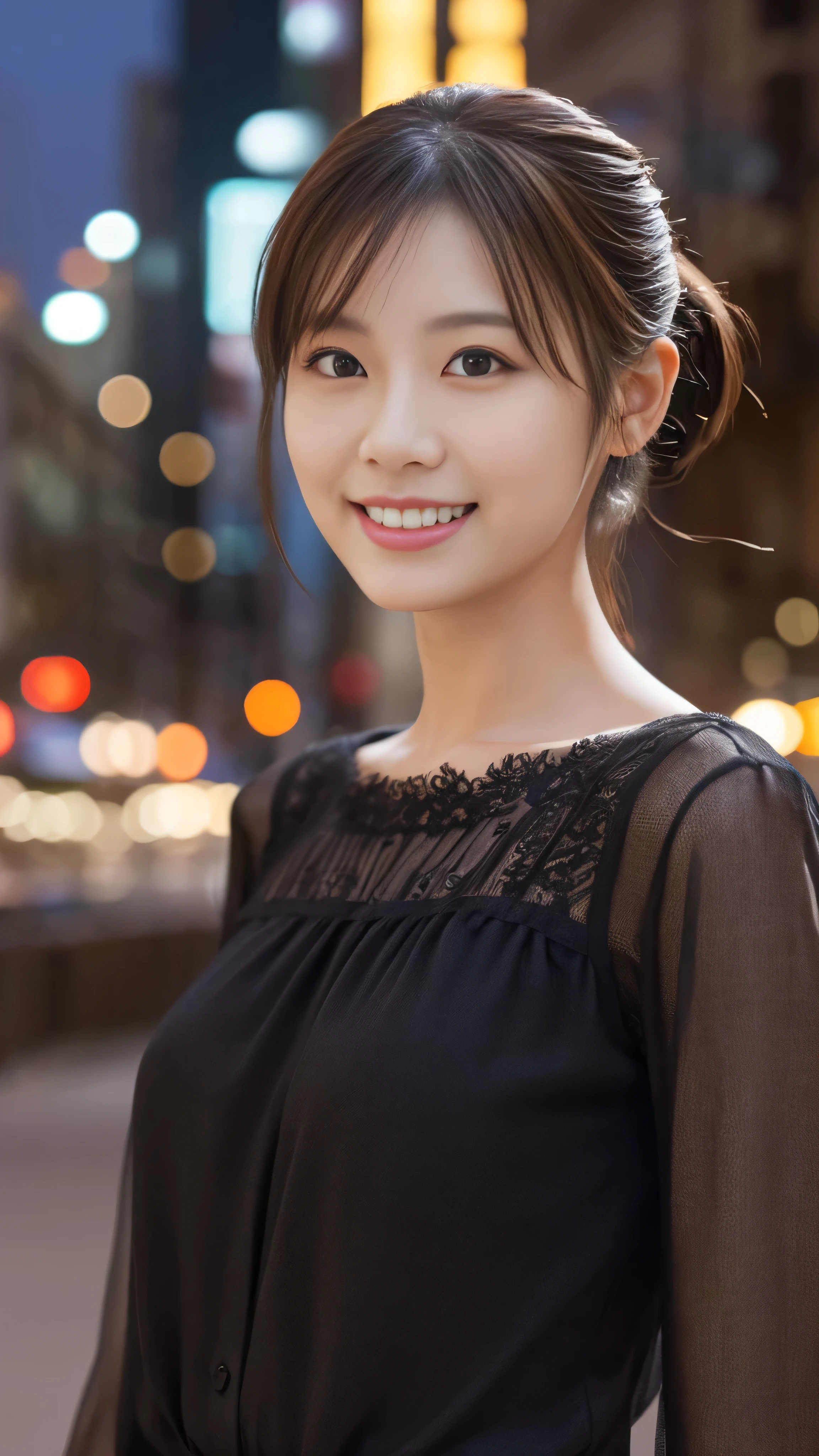1 girl, (Wearing a black blouse:1.2), Beautiful Japanese actresses, (ponytail:1.3),
(RAW Photos, highest quality), (Realistic, Photorealistic:1.4), masterpiece, 
Very delicate and beautiful, Very detailed, 2k wallpaper, wonderful, 
finely, Very detailed CG Unity 8K wallpaper, Very detailed, High resolution, 
Soft Light, Beautiful detailed girl, Very detailed目と顔, Beautiful and detailed nose, Beautiful and detailed, Cinema Lighting, 
break
(Snowy night cityscape as background 1.3), City lights, 
Perfect Anatomy, Slender body, smile, Face the front completely, Looking at the camera