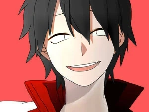 Anime boy with black hair and a red jacket smiling at the camera