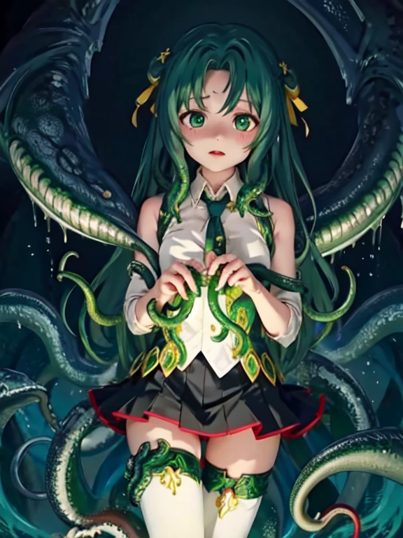 In an ancient ritual site、擬人化した女性のCthulhuが登場するシーン。彼女の背後にはTentaclesが広がり、Blue-green light flickers。Her outfit is gothic、Opal accessories sparkle。As the fog rolls in、Her shadow shines terrifyingly。、 

Sonozaki Shion, green hair, green eyes, long hair, yellow ribbon,

(Cthulhu), (Tentacles), 