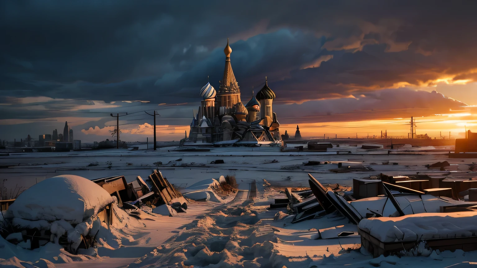 Dramatic lighting, chiaroscuro, post-apocalyptic, distant view from ground level, St Basil's Cathedral to one side, half buried, empty flat landscape of debris and rubble, like Hiroshima in 1945, lifeless, broken electricity pylons, deep snow, ice, cloudy sky at sunrise