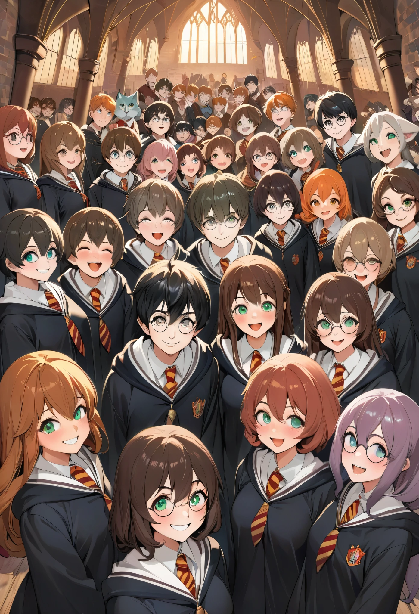 dynamic angle, top quality, best quality, High-quality illustrations, masterpiece, super high resolution, detailed background, detailed background, Harry Potter series, group shot:0.1, 6+boys, 6+girls, Happy, joyful, absurdres(highly detailed beautiful face and eyes)perfect anatomy(kemono, furry anthro),
