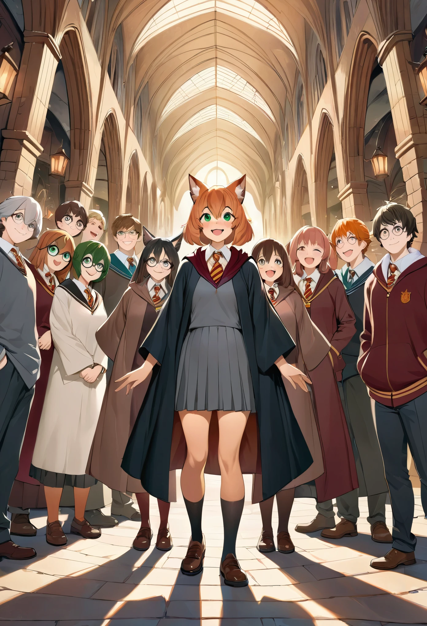 dynamic angle, top quality, best quality, High-quality illustrations, masterpiece, super high resolution, detailed background, detailed background, Harry Potter series, group shot:0.1, 6+boys, 6+girls, Happy, joyful, absurdres(highly detailed beautiful face and eyes)perfect anatomy(kemono, furry anthro),