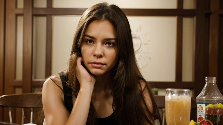 An image of a woman with (29) light brown, medium, straight hair in front of a table full of food, with an expression of conflict and anguish, symbolizing the internal struggle against binge eating and the negative emotions that arise after eating in excess
