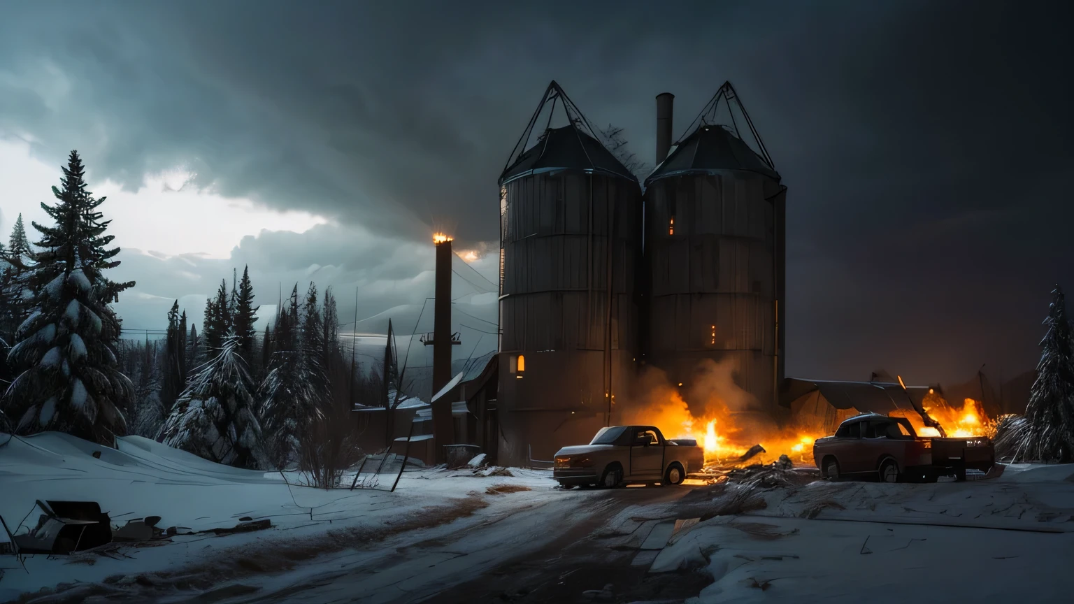 Dramatic lighting, chiaroscuro, post-apocalyptic, a gutted farm building to one side, an old grain silo, snow falling, vehicle wreckage, snowmobile, electricity pylons, rubble, dense forest, dozens of dark figures around a single bonfire, deep snow, overcast late evening