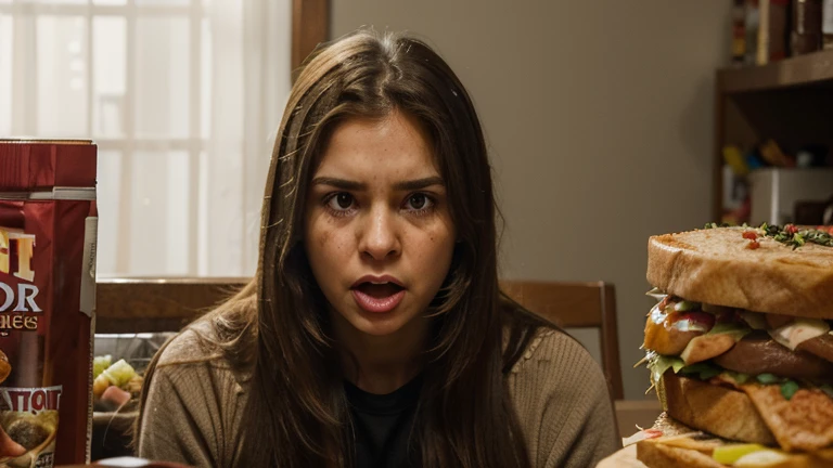 An image of a woman with (29) light brown, medium, straight hair in front of a table full of food, with an expression of conflict and anguish, symbolizing the internal struggle against binge eating and the negative emotions that arise after eating in excess
