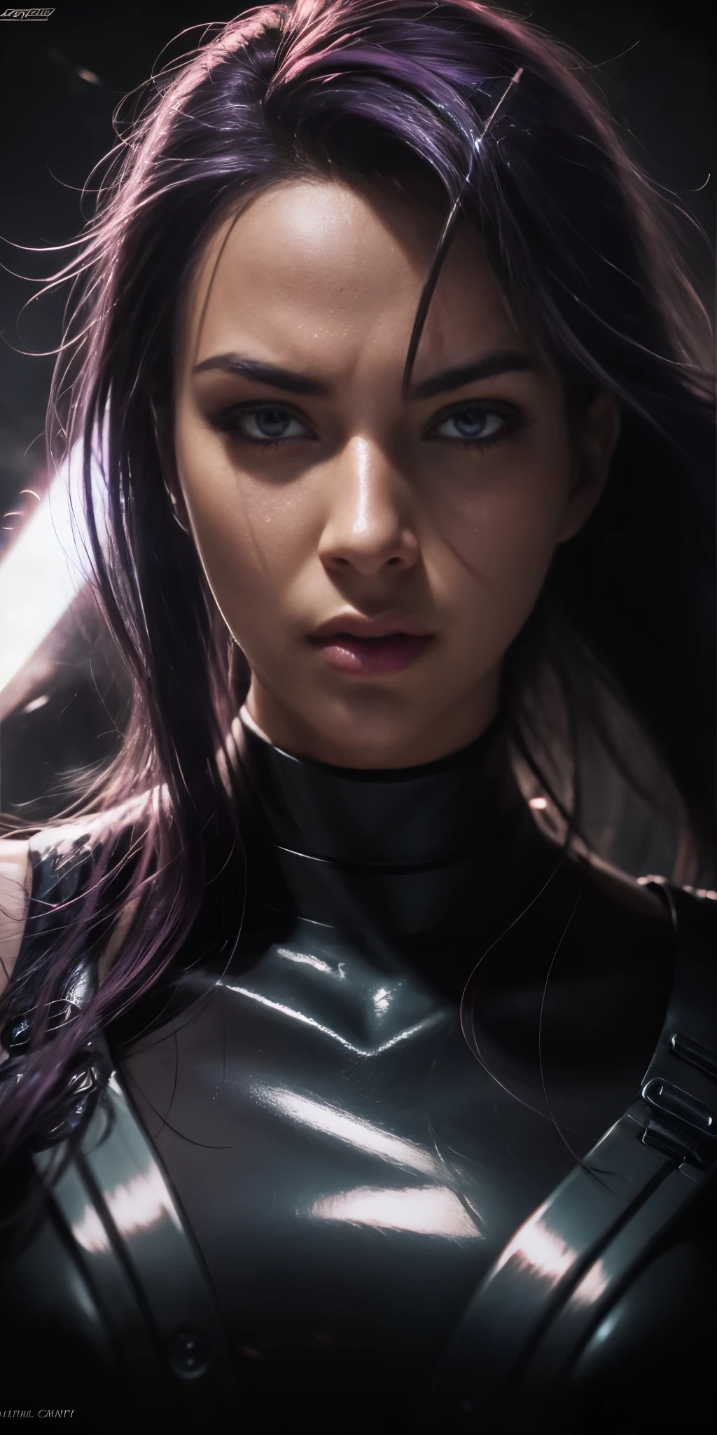 Psylocke X-Men, beautiful detailed eyes, beautiful detailed lips, extremely detailed eyes and face, long eyelashes, 1girl, purple hair, ninja outfit, purple energy sword, dark fantasy, dark sci-fi, dramatic lighting, cinematic, moody, 8k, high quality, photorealistic, masterpiece, concept art