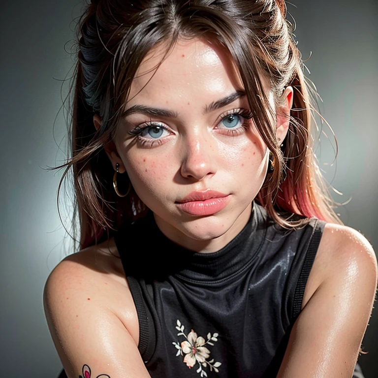 (Mejor calidad, 8K, high resolution, Fotorrealista:2.0), (Una chica:2.0), Bright lighting,raza negra,(mujer mira al espectador) 、(cabello largo 、piel brillante、hermosa chica、Chica con ojos grandes:1.5)、(pechos enormes、Thin waist line:1.5) , ojos bonitos, ojos brillantes, hermosa boca, Hermosos labios, mujer lasciva、(color de pelaje negro:1.5)、 Mujer con cabello de colores brillantes, hairstyle with two buns, dyed in pink and lilac tones. Piel clara y tersa, ojos grandes y expresivos, flirtatious look back, llevando una piruleta en la mano. Tatuajes detallados en brazos, espalda y pierna, including an oni mask on the thigh and a heart with text "Brothers" en la cadera, plus floral tattoos. Bikini de hilo minimalista en color claro, voluptuous and curvy figure, escena con fondo blanco neutro, illustration artistic style. playful facial expression, maquillaje sutil y delicado, piernas y caderas anchas, ears with small piercings, ambiente juvenil y moderno. Poses sugerentes y atractivas, detalles de sombra y luz realistas, tatuaje de serpiente en el brazo derecho, arte corporal bien definido, estilo de moda alternativa, cejas bien definidas, labios rosados y carnosos, piel con reflejos suaves, escena sin fondo ni elementos adicionales, realismo en detalles de piel y tatuajes.