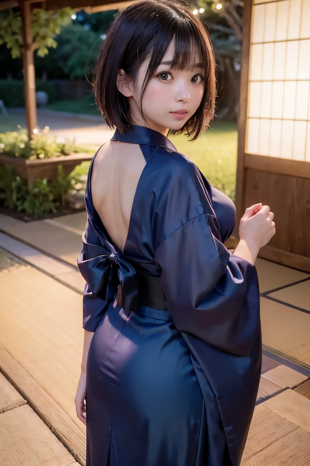 ((Evening, Outside, Sunset Glow:1.5, 
(Framing Photo, through Widely Spaced Lattice Doors for Foreground Bokeh Area:1.0), White Gravel Roads:1.2, Japanese Palace:1.5, Japanese Shrine:1.5, Japanese Castle Town:1.5, Japanese Partitioned Tenement Houses:1.5, [Japanese Castle])), 
Light, Bokeh, 
(Looking Up to the Sky:1.0, Looking Back Viewer, from Back:1.0, Full Body), 
(Short Bob Cut:1.2, Japanese, 20-year-old girl:1.2, Brown Hair, Messy Hair, Embarrassed, Blush, Wet Face, Very white skin, (Very Beautiful Nape:1.2), Open Mouse Slightly:1.2, Wide-Set Eyes, Japanese Indigo Kimono:1.2), 
(Undressing Kimono), 
Small Breasts, Medium ASS, Very protruding buttocks:1.2, Very protruding butt:1.2, 
(highest quality, masterpiece, Ultra-high resolution, 8K, RAW Photos, Realistic, Anatomically correct:1.5)