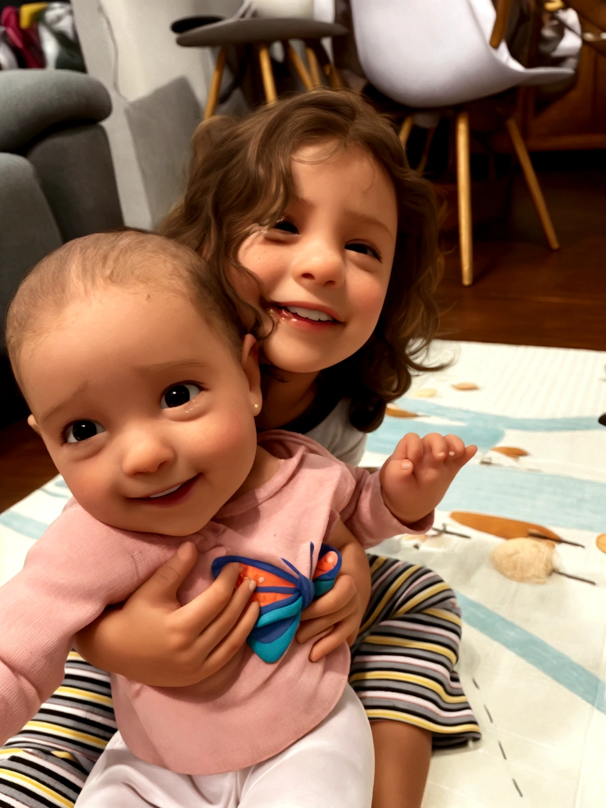 there are two children sitting together on a rug, babies on her lap, both smiling at the camera, deitado de costas, they are brothers, tirada no iphone 14 pro, sorrindo um para o outro, with a twin, Rostos bonitos, they are close to each other, parecendo muito bobo, tirada no iphone 1 3 pro, bottom angle