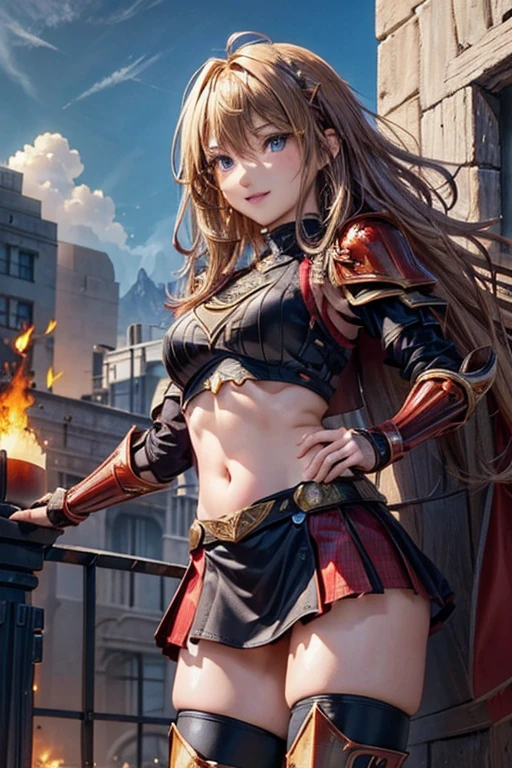 #Basics Girl posing for a photo, animeのかわいい女の子, (((One Girl, Baby Face, 16 years old))),
BREAK
#Clothing Accessories
(((red on black)Armor with a flame motif:1.4) : Breastplate decorated with red gemstones + I can see my belly button + Skirt-like armor + Gauntlet + Knee-high boots with knee pads, red cape, Gripping the hilt of the sword, Wearing a shield),
BREAK
#Features
(Blonde:1.4, Bangs that cover the eyes:1.4, (Very long back hair + Thick, curly hair at the back + Wavy back hair + Back hair fluttering in the wind)),
(Droopy eyes,blue eyes),
(Small breasts),
BREAK
#expression
(smug face, Grin),
#background environment
((noon, Meadow in a fantasy world +cumulonimbus + I can see the mountains)),
#composition
(Turning your body to the viewer:1.4, from below:1.4, Cowboy Shot:1.4),
BREAK
#Body parts elements
(Beautiful Hair,Shiny Hair),
(double eyelid, Long eyelashes),
(Expression of fine eyes, Beautiful and delicate eyes, Sparkling eyes, Eye Reflexes),
(Human Ear),
(Beautiful Nose, Thin Nose),
(Glossy lips, Beautiful Lips, Thick lips), (Symmetrical facial features),
(Detailed skin, Textured skin, Beautiful Skin),
BREAK
#Quality
(((highest quality)), ((masterpiece)), ((Very detailed))),
((High resolution), (16k,1080p)),
(Realistic), (Anatomically correct),
((comics, anime)), (3DCG), CG illustration,