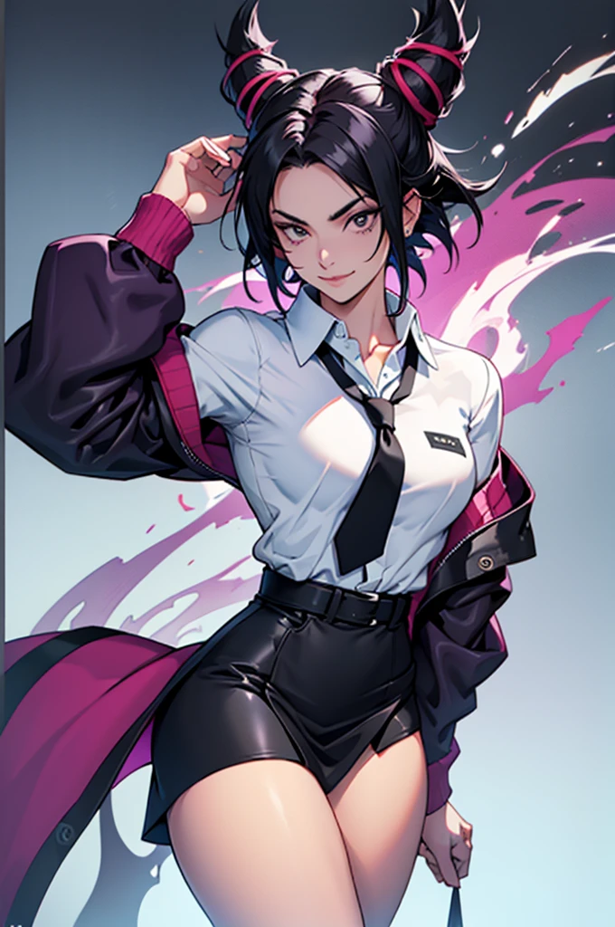 juri han, work of art, tight white secretary shirt with black tie, black high waist skirt, short skirt, short hair, black hair, black tights evil smile,oculos
